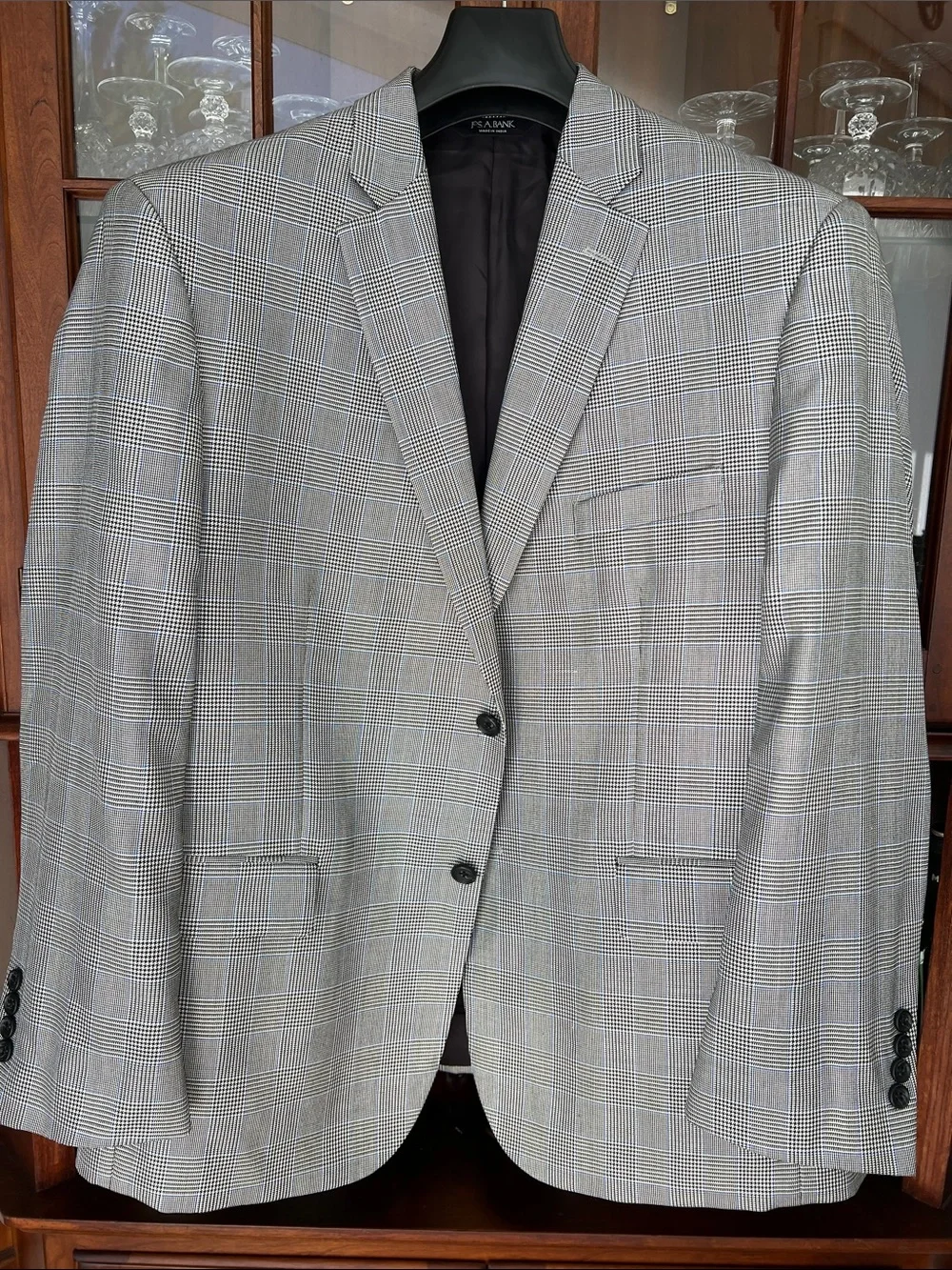 Silk & Wool Jos. A. Bank Black & White Glen Plaid Blazer with Blue Windowpane